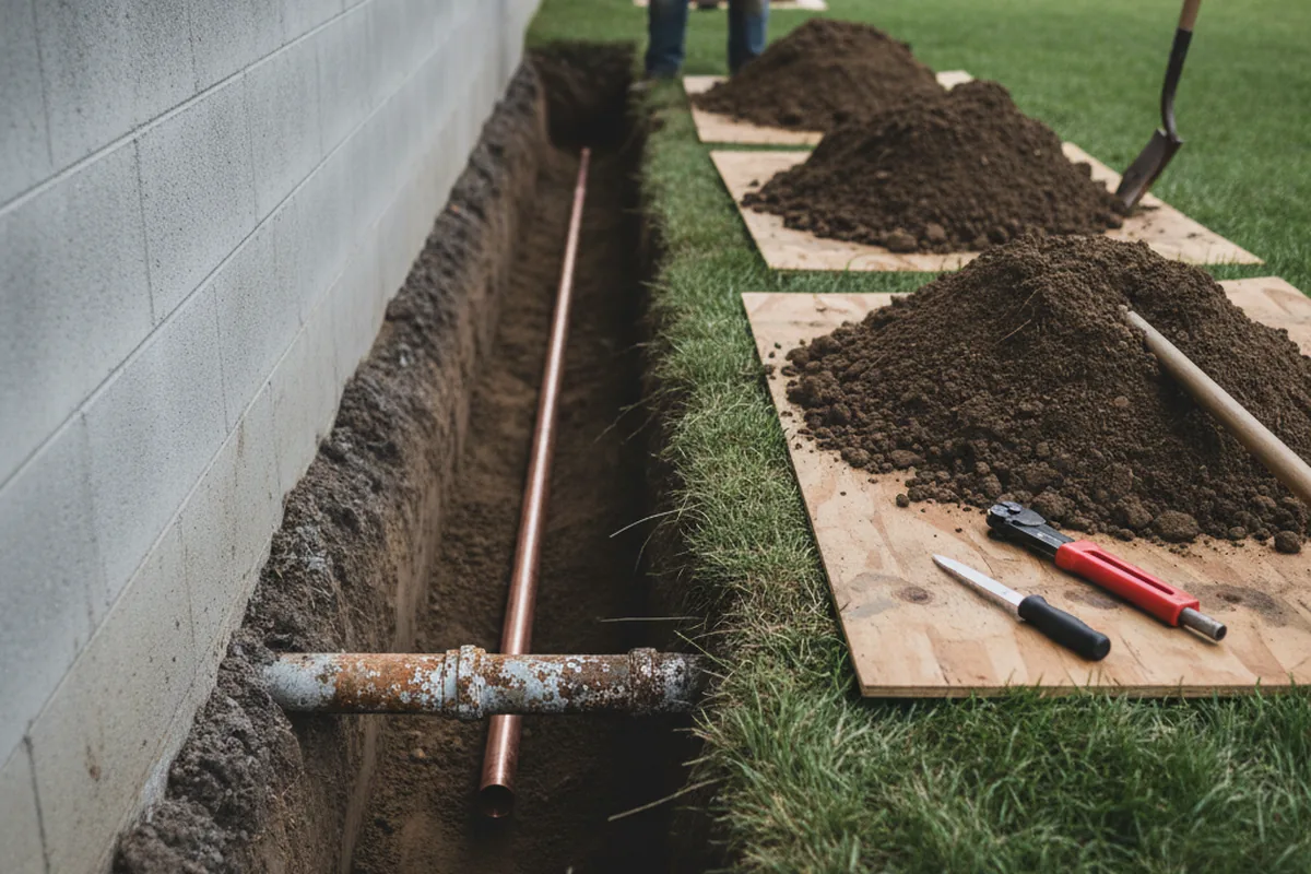 Excavated water line trench during Sewer Line Repair in Seven Mile